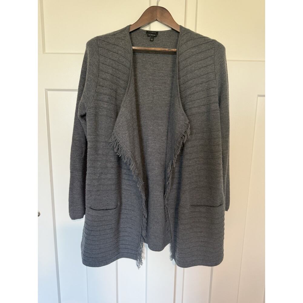 Talbots Merino Wool Open Front Fringe Sweater Jacket Gray Large